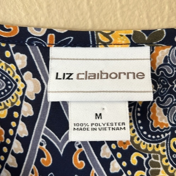 Liz Claiborne Blue Yellow Paisley Print Gold Buttons V-neck Size M Long Sleeve - Picture 5 of 14